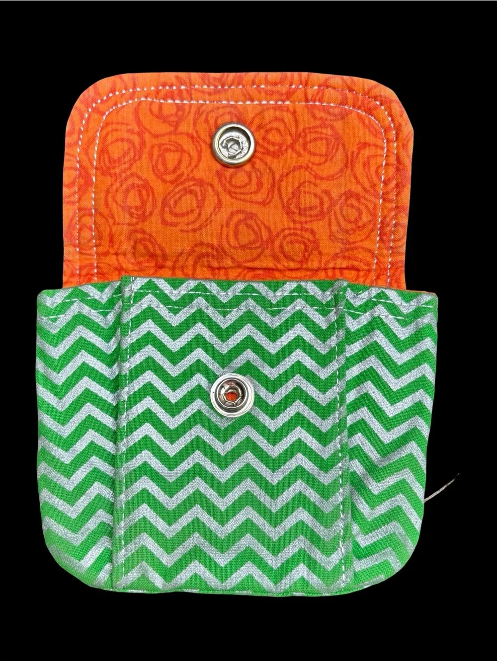 Green Chevron Mini Fabric Wallet Snap Pouch Coin Case Bright Orange Lining